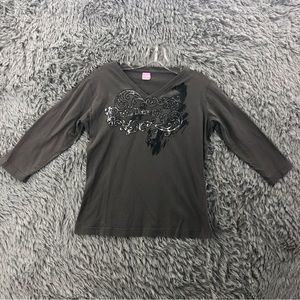 LAT John Deere Girl Womens Small Gray Black Embossed Vneck Shirt